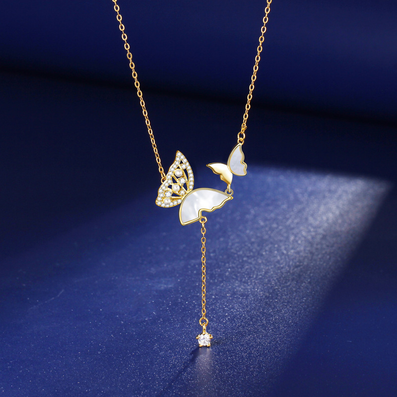 butterfly long with pearls and filntisi31 By Queen Κολιέ Butterfly Gold 925 με Φίλντισι και Zircon - Image 1