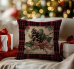 By Queen Limited Festive Edition Μαξιλαροθήκη Plaid Pinecone Και Ριγέ Κορδέλα