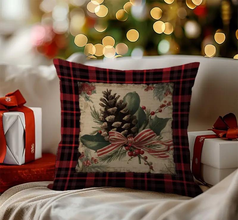 limited festive edition pillowcase plaid pinecone and striped ribbon1 By Queen Limited Festive Edition Μαξιλαροθήκη Plaid Pinecone Και Ριγέ Κορδέλα - Image 1