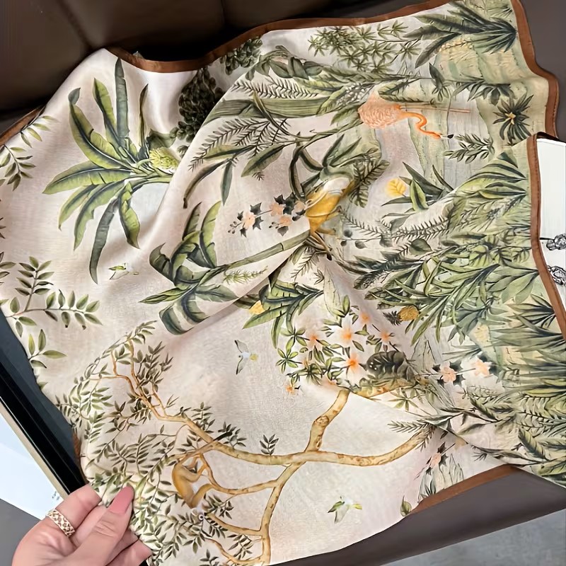 jungle satin scarf tropical1 By Queen Jungle Σατέν Μαντήλι Με Τροπικά Φυτά & Ζώα - Image 1