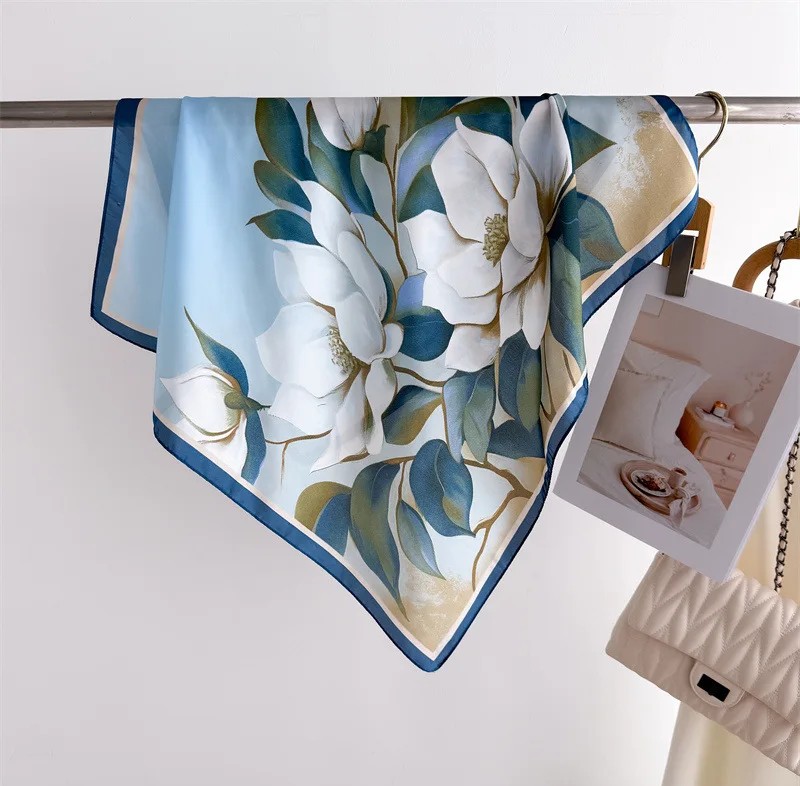 scarf blue magnolia whisper1 By Queen Σατέν Μαντήλι Magnolia Whisper - Image 1