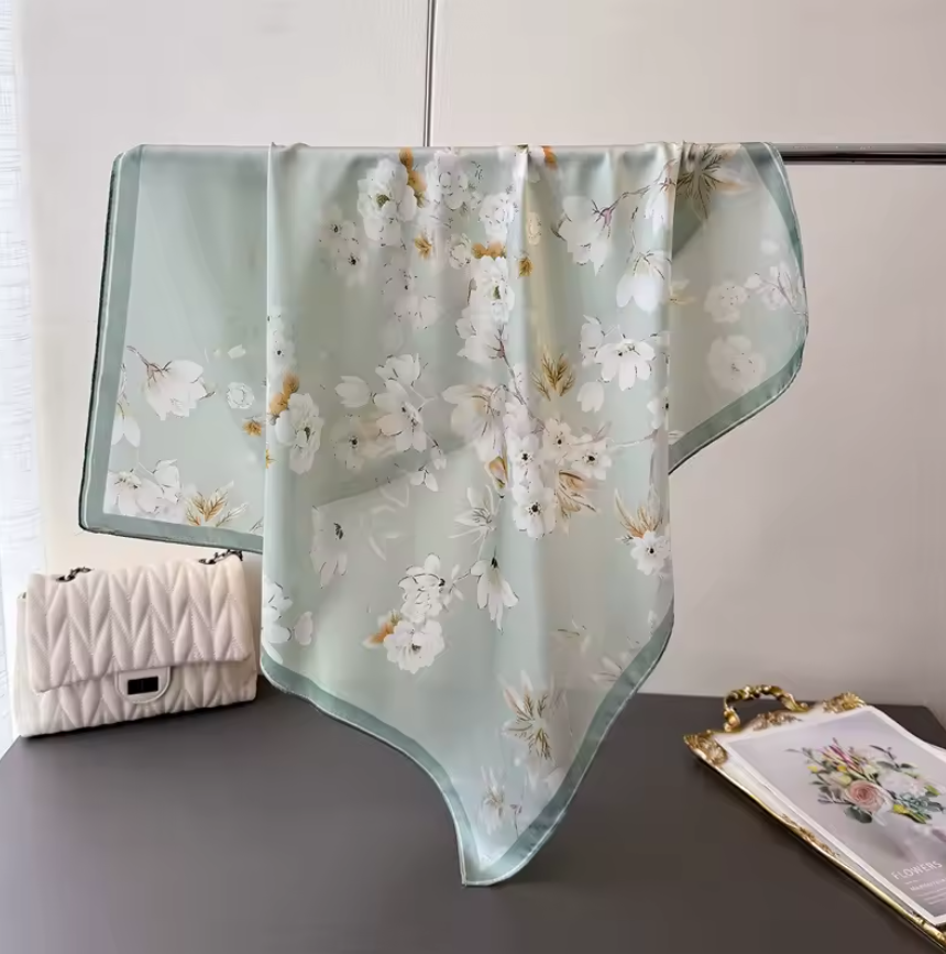 scarf light green white flower1 By Queen Σατέν Μαντήλι Πράσινο με Λουλουδάτο Σχέδιο & Σκούρο Περίγραμμα - Image 1