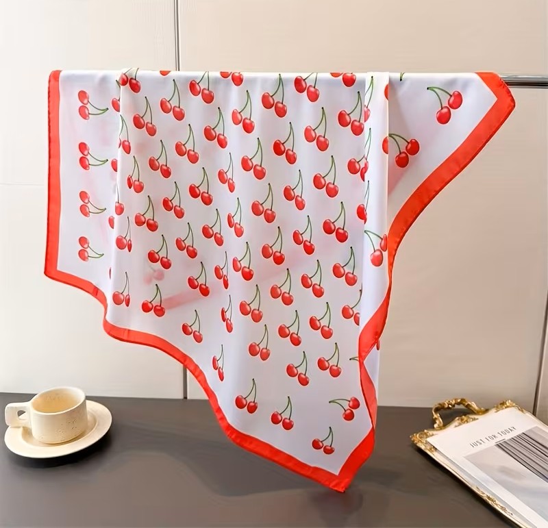 scarf playful feminine cherry1 By Queen Playful & Feminine Σατέν Μαντήλι Με Cherry Print - Image 1