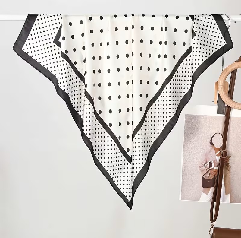 scarf timeless minimal elegance polka1 By Queen Timeless Minimal Elegance Σατέν Μαντήλι Mε Μαύρα Πουά - Image 1