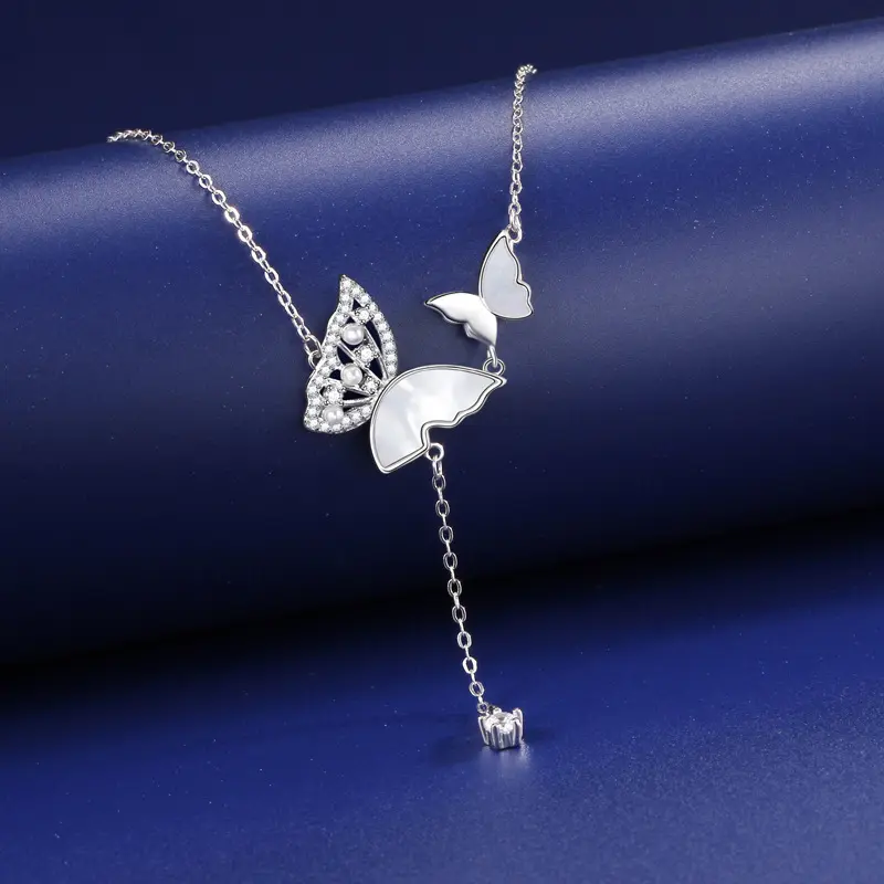 butterfly long with pearls and filntisi (14) By Queen Κολιέ Butterfly Silver 925 με Φίλντισι και Zircon - Image 1