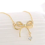 By Queen Γυναικείο Κολιέ Διπλός Φιόγκος S925 Gold Plated Με Ζιργκόν