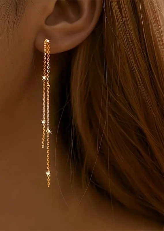 earrings long gold1 By Queen Ασημένια Σκουλαρίκια Μακριά Gold Plated - Image 1