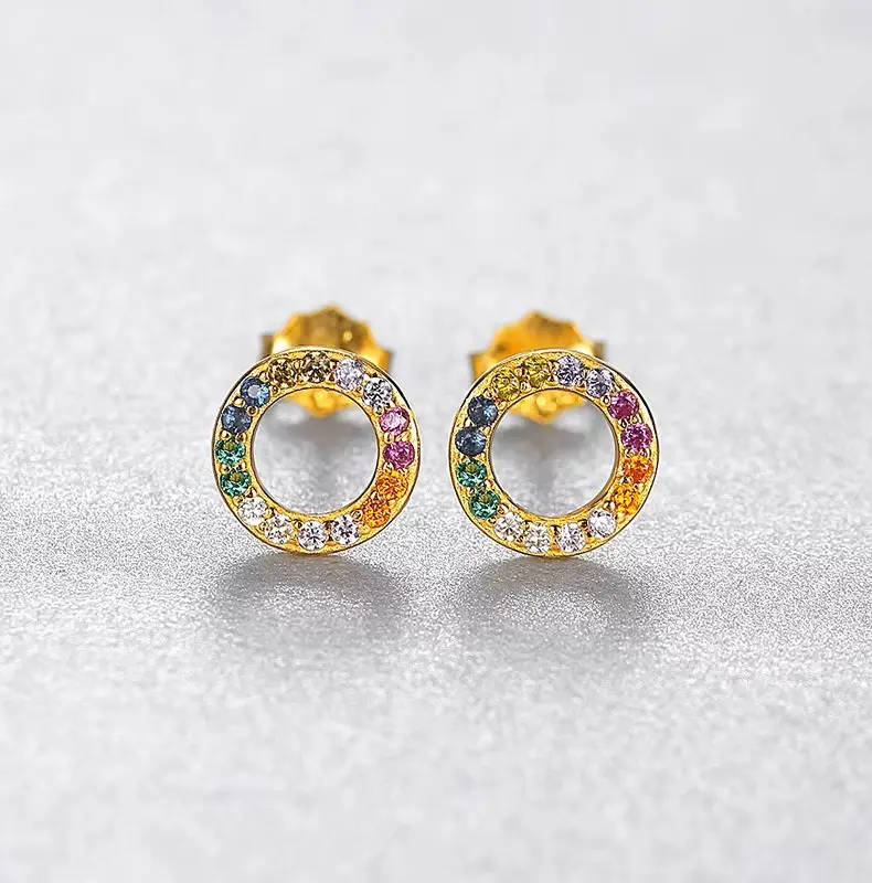 earrings round gold plated with multy zircon2 By Queen Ασημένια Σκουλαρίκια Καρφωτά Κύκλος Με Πολύχρωμα Zircon - Image 1