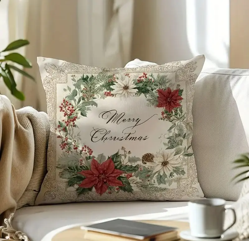 limited festive edition pillowcase merry wreath with poinsettia and pine nuts1 By Queen Limited Festive Edition Μαξιλαροθήκη Merry Wreath Με Αλεξανδρινά Και Κουκουνάρια 45x45εκ. - Image 1