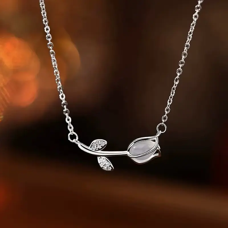 silver necklace tulip with zircon1 By Queen Ασημένιο Minimal Elegant Κολιέ Τουλίπα Mε Ζιργκόν - Image 1